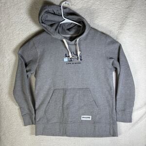 Life is Good Hoodie Sweatshirt Mens Medium Gray Stick Figure Camping Outdoor